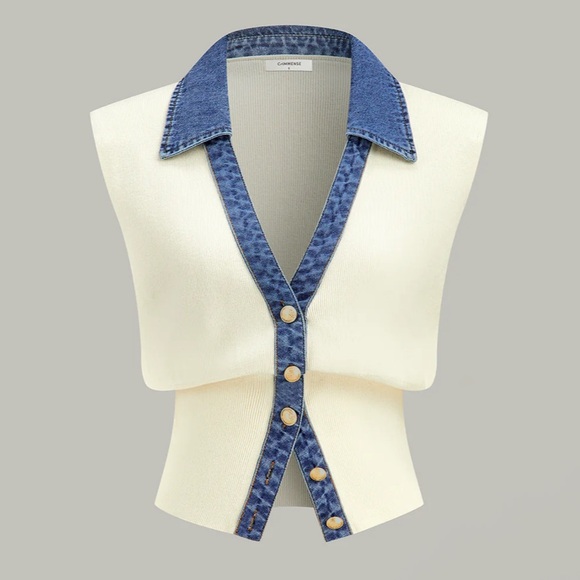 Commense Sweaters - Commense Denim Trim Knit Vest with Metal Buttons size small Color offwhite